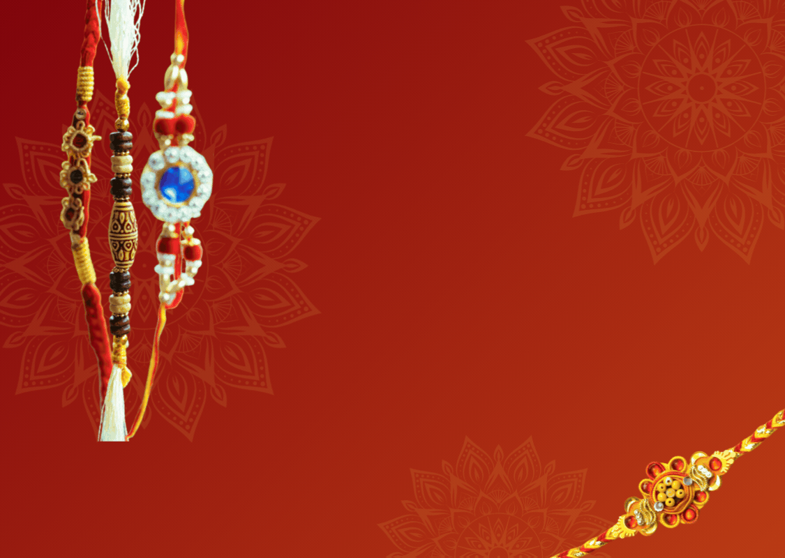 Handcrafted rakhis on a festive red backdrop