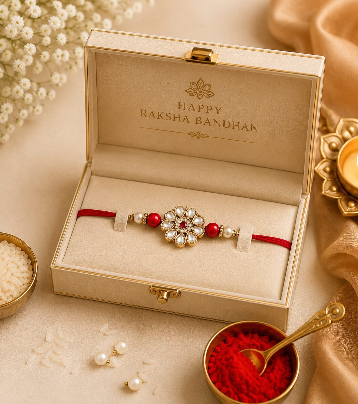 Premium Rakhi for Brother | Kundan Couple Rakhi for Bhaiya Bhabhi with Roli Chawal Pack