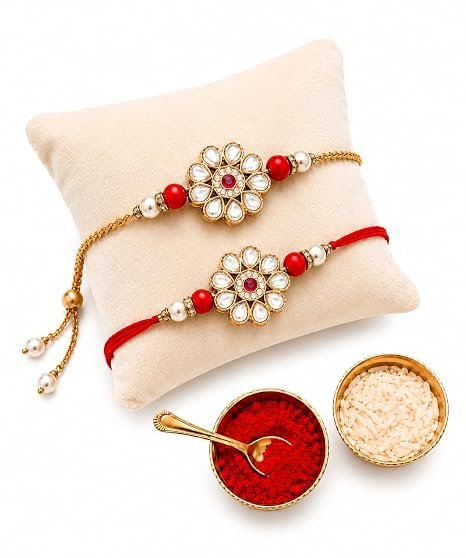Premium Rakhi for Brother | Kundan Couple Rakhi for Bhaiya Bhabhi with Roli Chawal Pack — photo 2